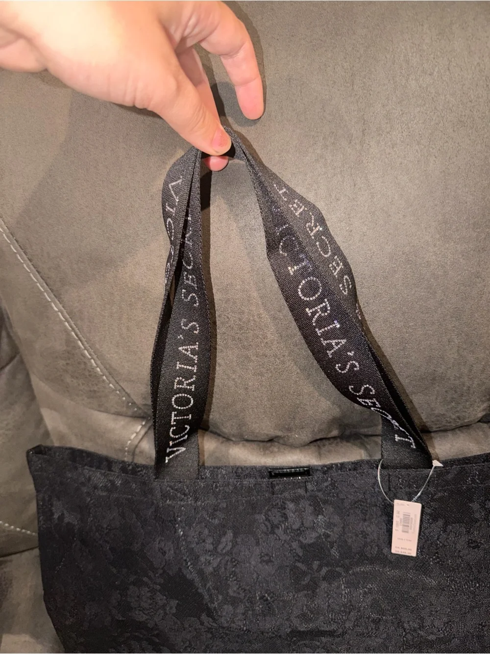 Victoria's Secret Black Lace-Pattern Tote with Branded Straps
